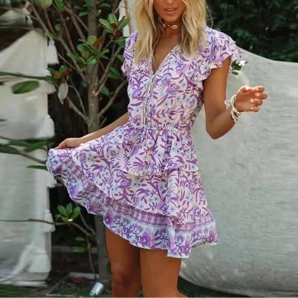 Small Floral Purple and Blue Women's Mini V Neck Dress